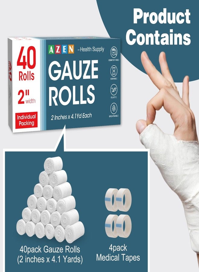 AZEN 40 Pack Gauze Rolls Bandages, 2 in x 4.1 Yards, Premium Medical Supplies & First Aid Supplies, Bandage Wrap Vet Wrap, Mummy Wraps - Image 2